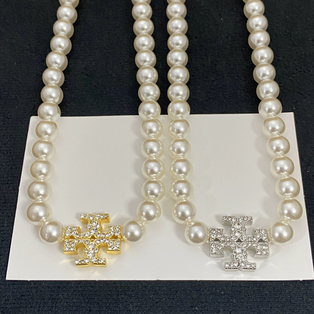 Tory Burch Pave Diamond Letter Pendant Pearl Necklace